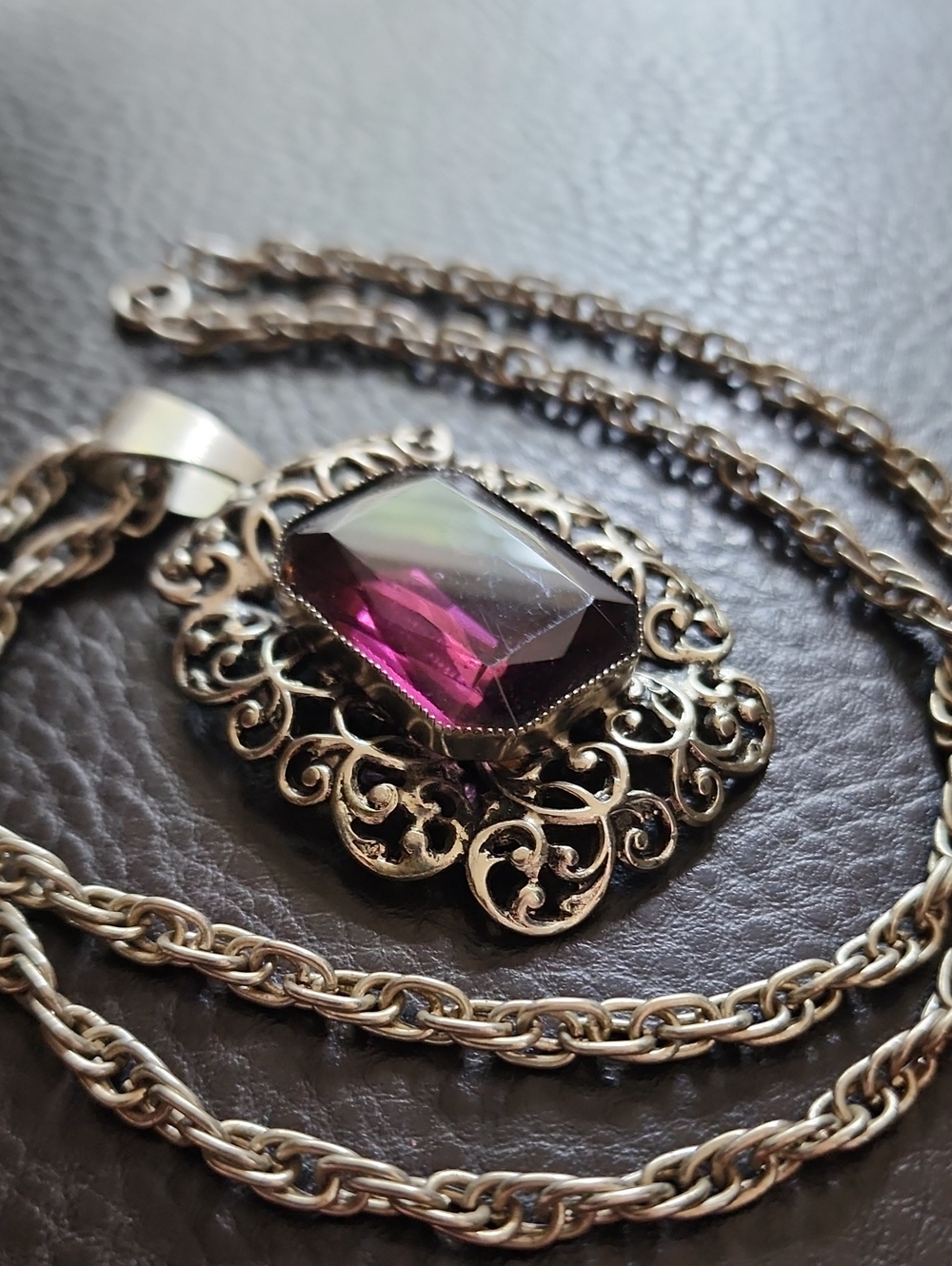 Vintage Silver Filigree Necklace with Purple Gem Pendant